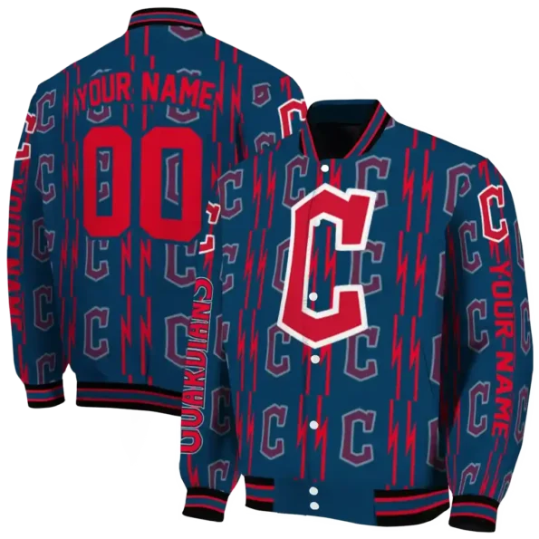 customized cleveland guardians bolt stripe navy blue varsity jacket fashion forward