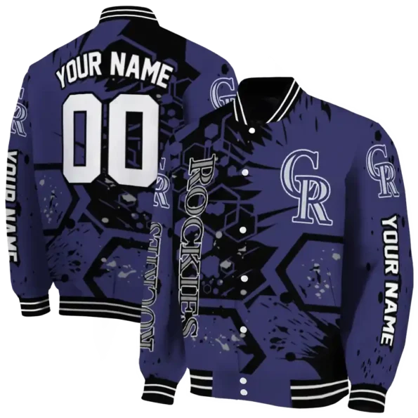 customized colorado rockies hexagon cluster blue black varsity jacket fashion forward