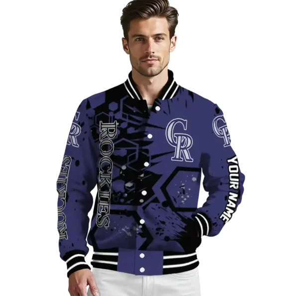 customized colorado rockies hexagon cluster blue black varsity jacket high quality