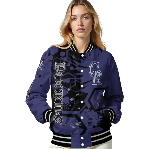 customized colorado rockies hexagon cluster blue black varsity jacket latest model