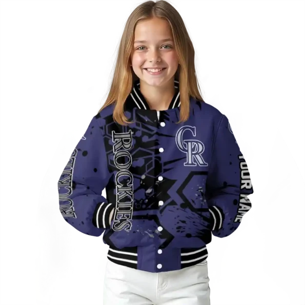 customized colorado rockies hexagon cluster blue black varsity jacket top rated