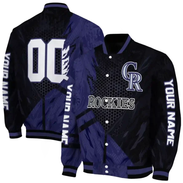 customized colorado rockies hexagon mesh blue black varsity jacket fashion forward