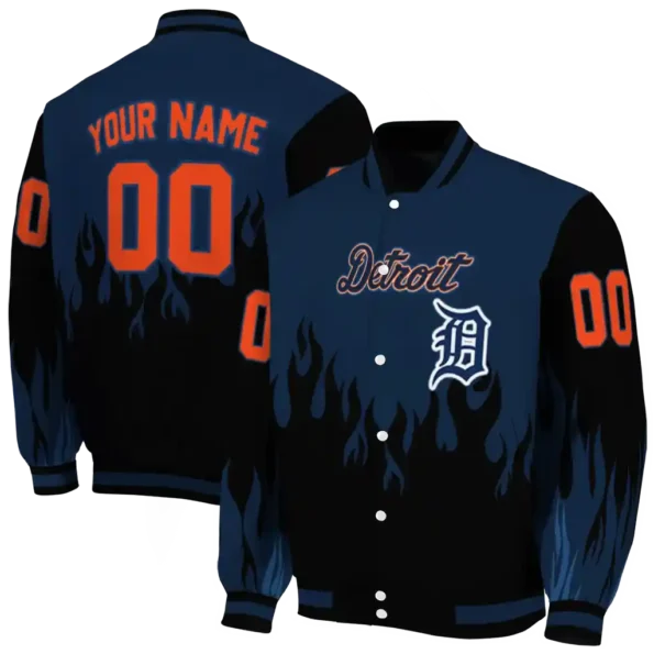 customized detroit tigers flame border navy black varsity jacket fashion forward