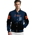 customized detroit tigers flame border navy black varsity jacket best selling
