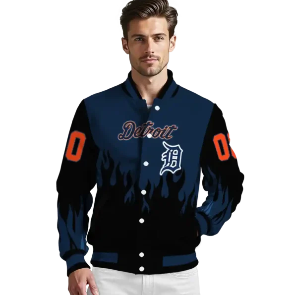 customized detroit tigers flame border navy black varsity jacket high quality