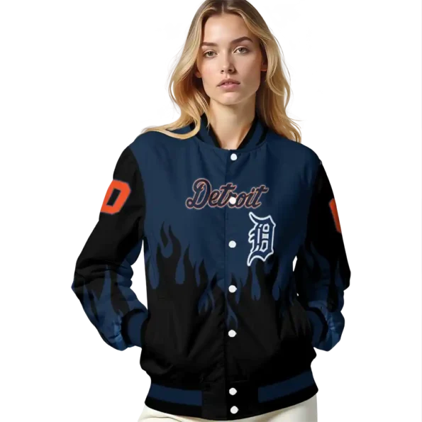 customized detroit tigers flame border navy black varsity jacket latest model
