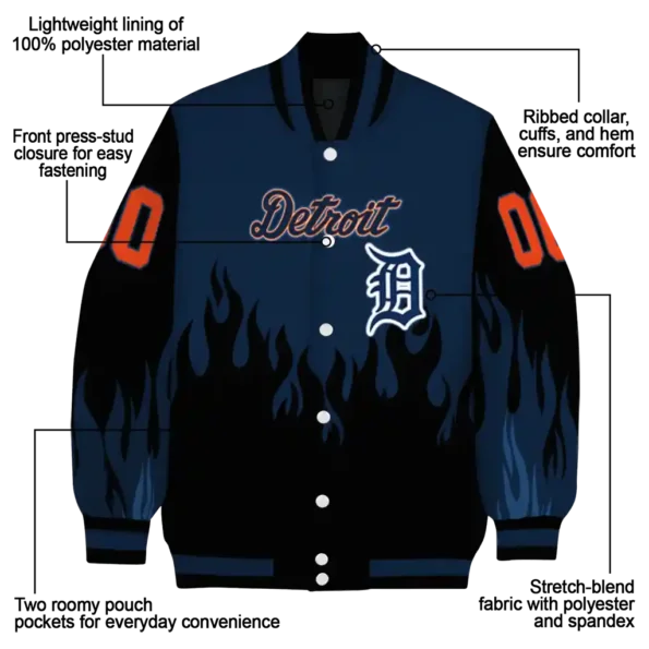customized detroit tigers flame border navy black varsity jacket new arrival