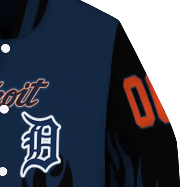 customized detroit tigers flame border navy black varsity jacket premium grade