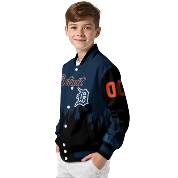 customized detroit tigers flame border navy black varsity jacket trendy