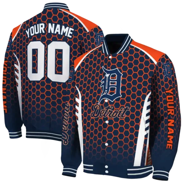 customized detroit tigers hexagon grid navy varsity jacket fashion forward