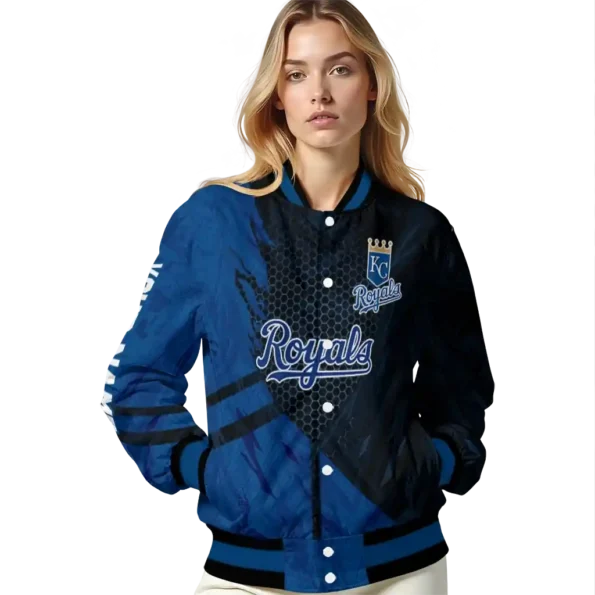 customized kansas city royals hexagon mesh royal blue black varsity jacket latest model