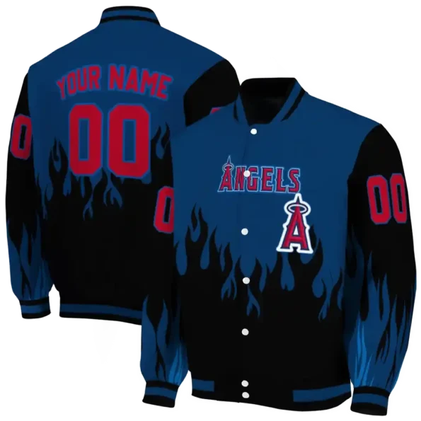 customized los angeles angels flame border blue black varsity jacket fashion forward