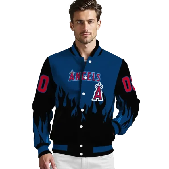 customized los angeles angels flame border blue black varsity jacket high quality