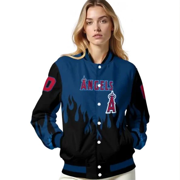 customized los angeles angels flame border blue black varsity jacket latest model