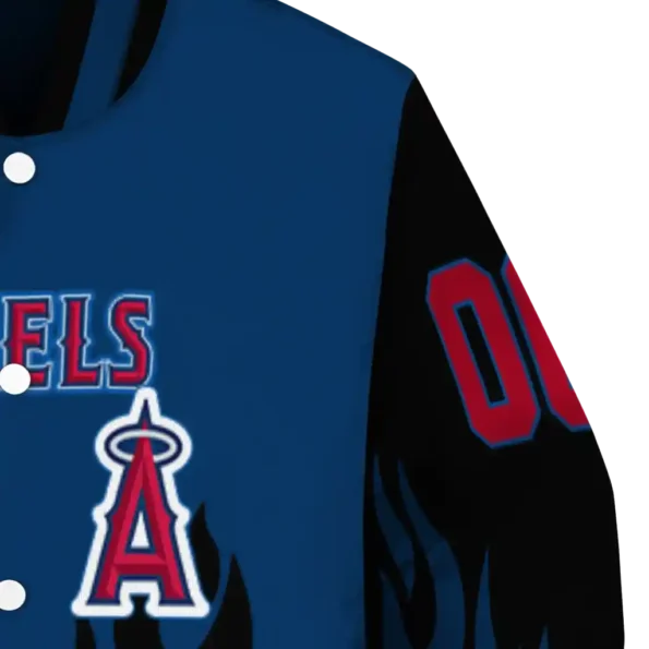 customized los angeles angels flame border blue black varsity jacket premium grade