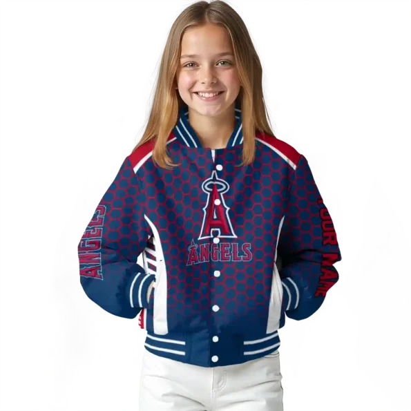 customized los angeles angels hexagon grid blue varsity jacket top rated
