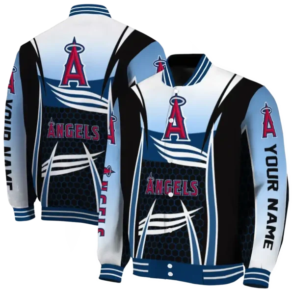customized los angeles angels mesh effect blue black varsity jacket fashion forward
