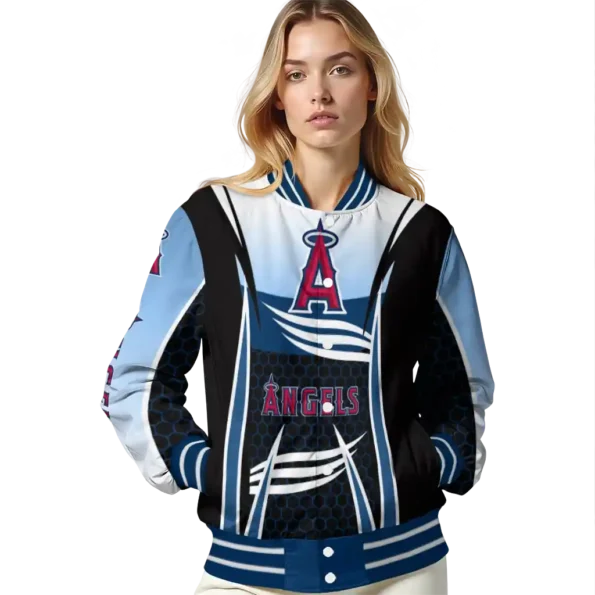 customized los angeles angels mesh effect blue black varsity jacket latest model