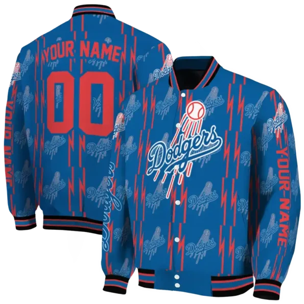 customized los angeles dodgers bolt stripe blue varsity jacket fashion forward
