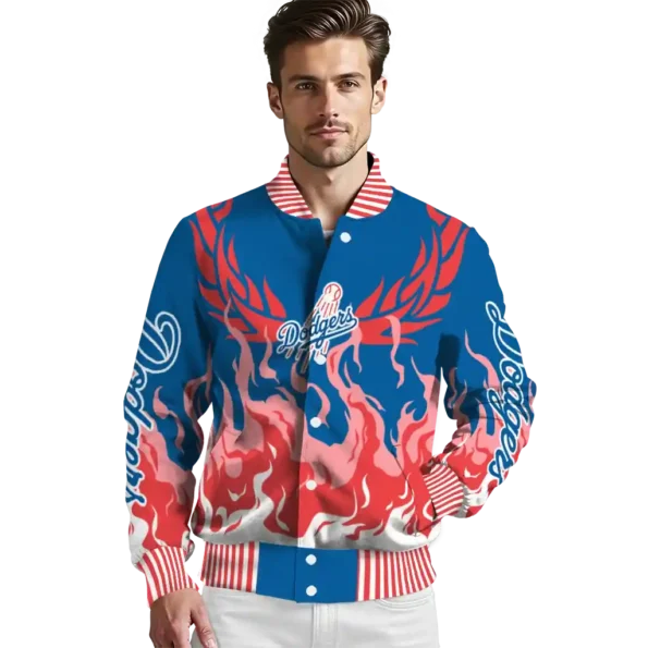 customized los angeles dodgers winged blaze blue white varsity jacket high quality