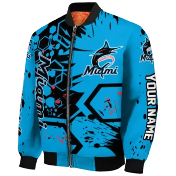 customized miami marlins hexagon cluster blue black bomber jacket best selling