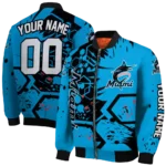 customized miami marlins hexagon cluster blue black bomber jacket best selling