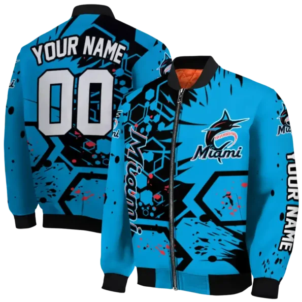 customized miami marlins hexagon cluster blue black bomber jacket fashion forward