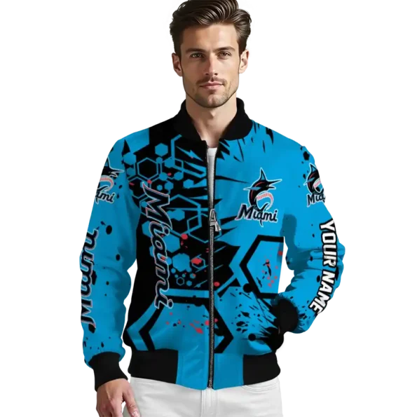 customized miami marlins hexagon cluster blue black bomber jacket high quality