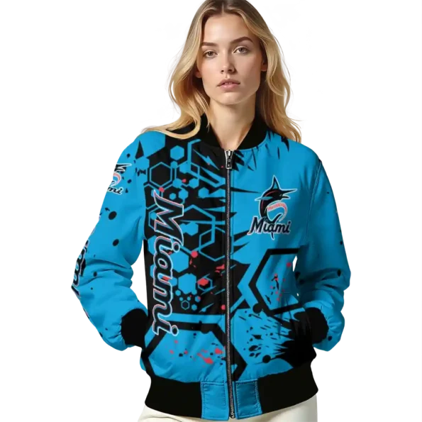 customized miami marlins hexagon cluster blue black bomber jacket latest model