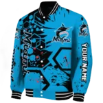 customized miami marlins hexagon cluster blue black varsity jacket best selling