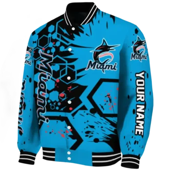 customized miami marlins hexagon cluster blue black varsity jacket best selling