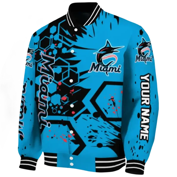 customized miami marlins hexagon cluster blue black varsity jacket best selling
