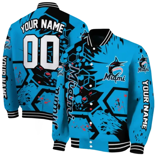 customized miami marlins hexagon cluster blue black varsity jacket fashion forward