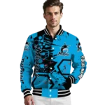 customized miami marlins hexagon cluster blue black varsity jacket best selling