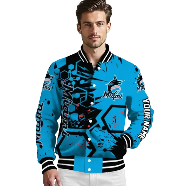 customized miami marlins hexagon cluster blue black varsity jacket high quality
