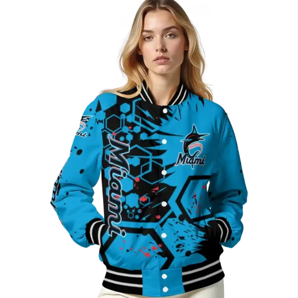 customized miami marlins hexagon cluster blue black varsity jacket latest model