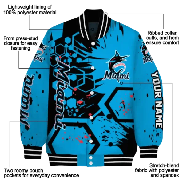 customized miami marlins hexagon cluster blue black varsity jacket new arrival