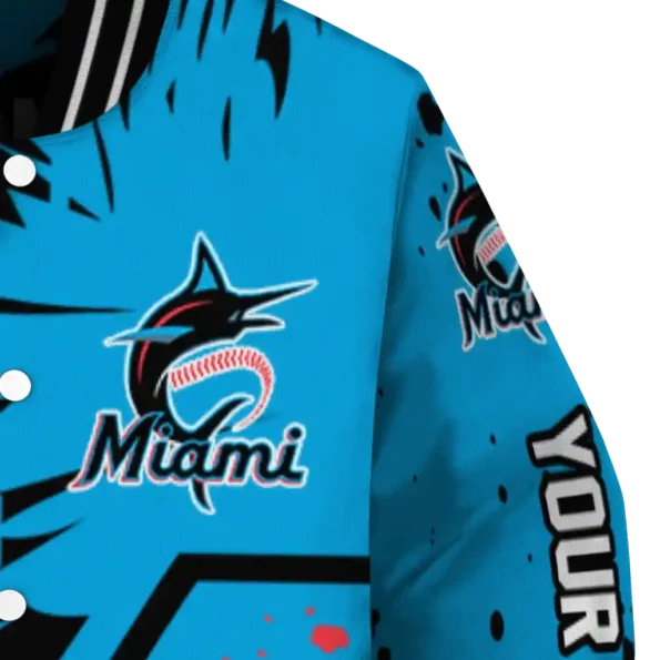 customized miami marlins hexagon cluster blue black varsity jacket premium grade