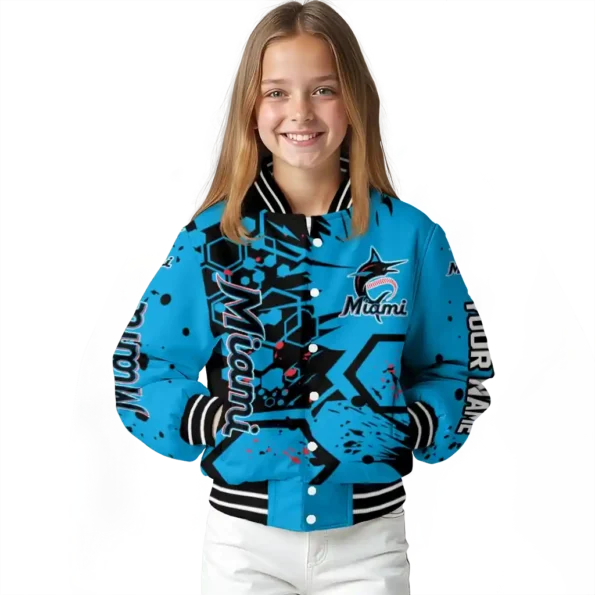 customized miami marlins hexagon cluster blue black varsity jacket top rated