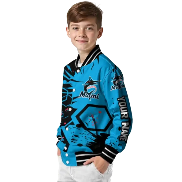 customized miami marlins hexagon cluster blue black varsity jacket trendy