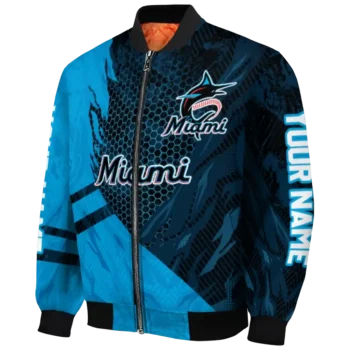 customized miami marlins hexagon mesh blue black bomber jacket best selling