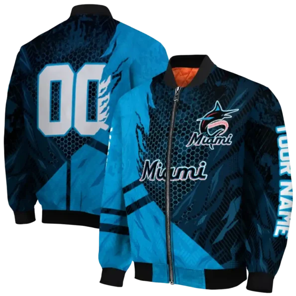 customized miami marlins hexagon mesh blue black bomber jacket fashion forward