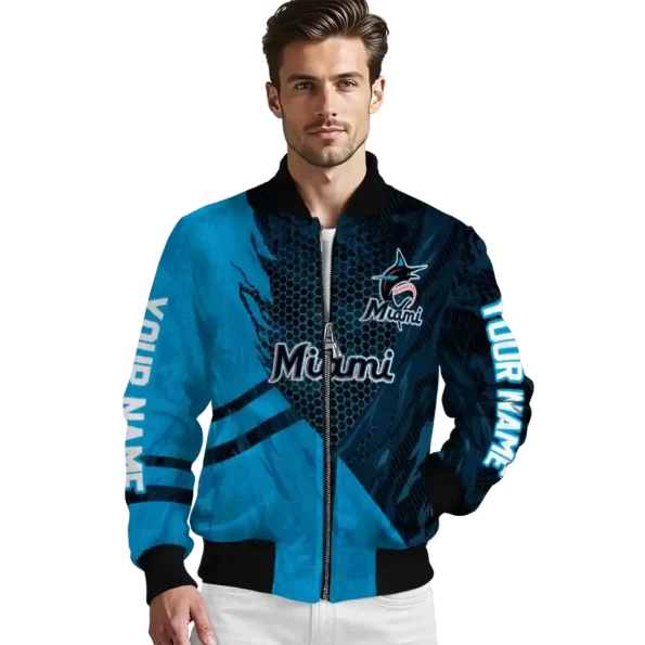 customized miami marlins hexagon mesh blue black bomber jacket high quality