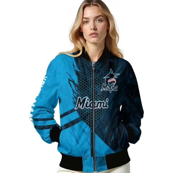 customized miami marlins hexagon mesh blue black bomber jacket latest model