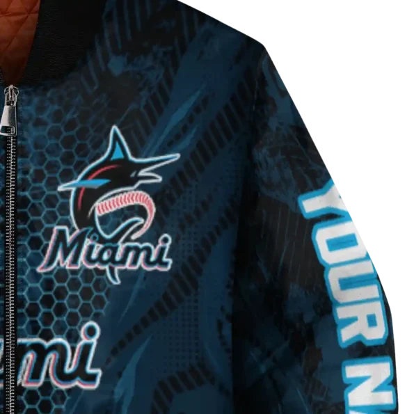 customized miami marlins hexagon mesh blue black bomber jacket premium grade