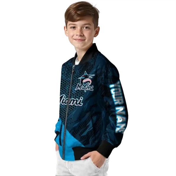 customized miami marlins hexagon mesh blue black bomber jacket trendy