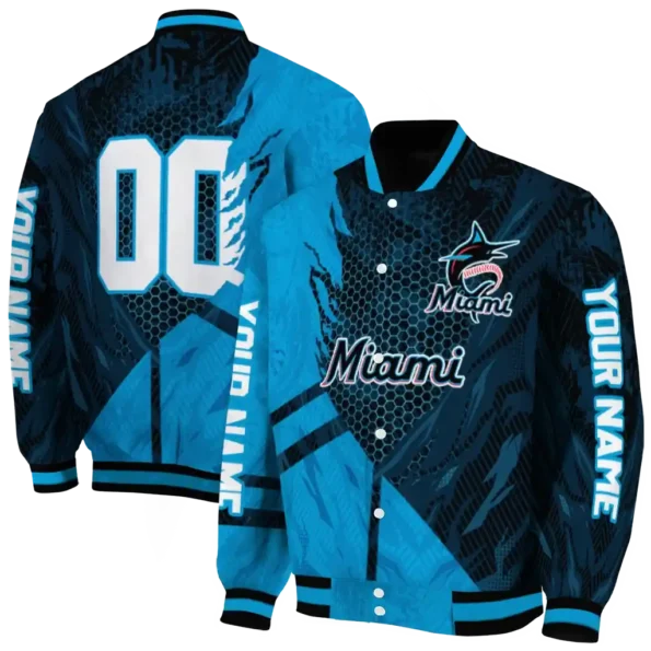 customized miami marlins hexagon mesh blue black varsity jacket fashion forward
