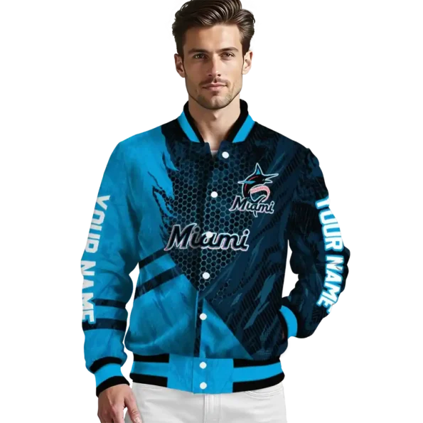 customized miami marlins hexagon mesh blue black varsity jacket high quality