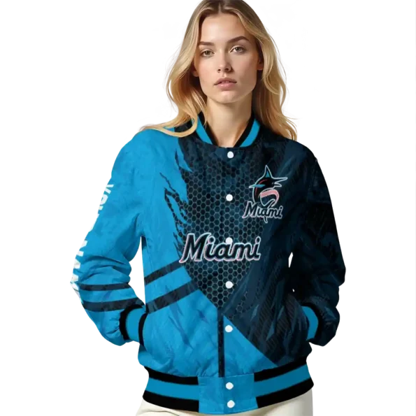 customized miami marlins hexagon mesh blue black varsity jacket latest model
