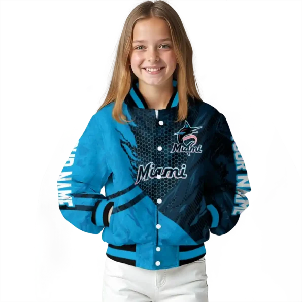 customized miami marlins hexagon mesh blue black varsity jacket top rated